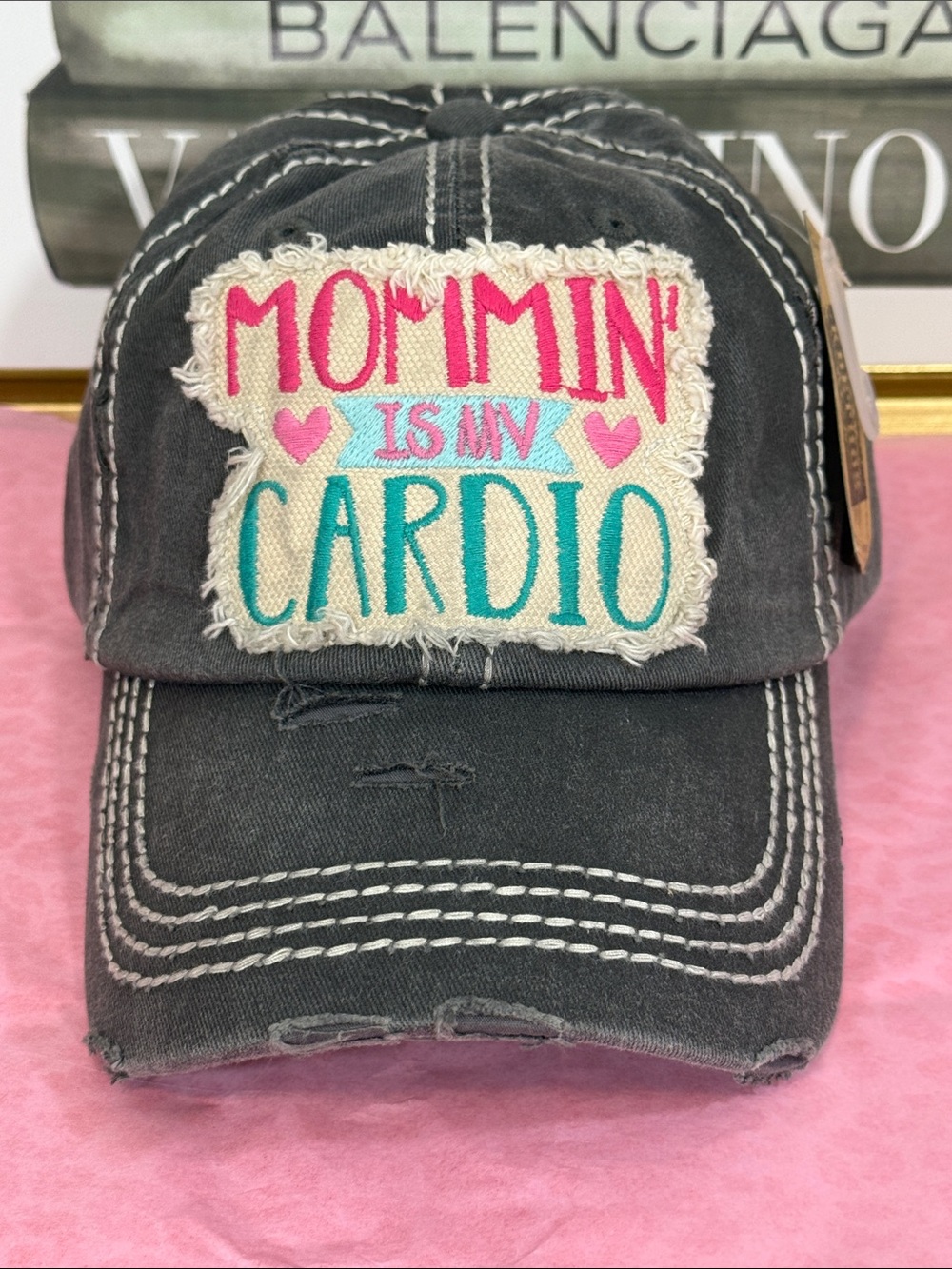 KBETHOS Distressed Baseball Cap in Gray with Pink & Teal Embroidery